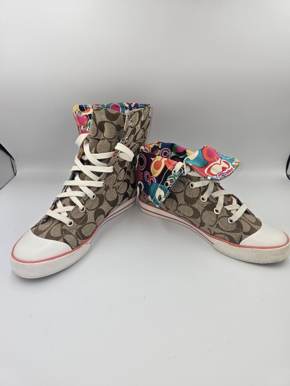 COACH Q509 Bonney Brown Signature Canvas HighTop Sneakers Multicolor Lining 5.5B